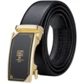 Men's automatic leather belt with stylish black strap and gold buckle for business casual wear. - 105cm / Gold