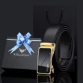 WilliamPOLO men's genuine leather automatic buckle belt gift set with luxury box and bag. - Gold / 105cm