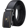 Cintura uomo vera pelle fibbia automatica nera moda affari pantaloni elegante accessorio - 105cm / Etichetta dorata