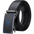 Men's black leather dress belt with automatic metal buckle, business casual style accessory. - 105cm / Gunmetal