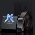 WilliamPOLO men's leather belt with alloy automatic buckle and luxury gift box packaging. - Brown / 105cm