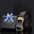 WilliamPOLO men's stylish leather belt in deep brown with luxury gold automatic buckle. - Brown