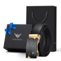 WilliamPOLO Uomo Cintura Pelle Fibbia Automatica Set Scatola Regalo Nero Affari - Oro (Confezione Regalo) / 105cm