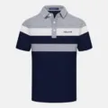 Polo da uomo a manica corta con righe a blocchi grigio bianco e blu scuro per stile casual elegante. - Taglia M / Grigio melange
