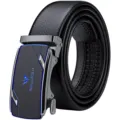 Cintura automatica in vera pelle da uomo in colore nero, con fibbia in metallo e dettagli blu. - Fibbia Gunmetal Etichetta Blu / 105cm