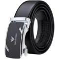 Cintura automatica da uomo in vera pelle nera, fibbia in metallo elegante per ogni stile. - Fibbia Argentata Logo Argento (Scatola Regalo) / 105cm