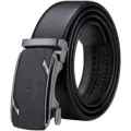 Cintura automatica in vera pelle da uomo con elegante fibbia in lega e cinturino in pelle. - Fibbia Gunmetal Logo Nero (Scatola Regalo) / 105cm