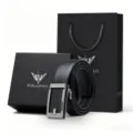 Cintura automatica da uomo in vera pelle nera elegante per affari con set scatola regalo - 105cm / Motivo Litchi / Confezione Regalo Esclusiva / Argento
