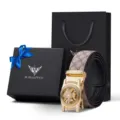 Men's genuine leather automatic buckle belt gift set with luxury monogram pattern strap. - Gold Buckle Khaki Strap (With Gift Box)