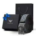 Men's automatic buckle leather belt gift box set with stylish patterned strap and metal. - Gunmetal Buckle Gray Strap (With Gift Box)