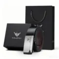 Men's leather automatic buckle dress belt in classic black with gift box set for business. - 105cm / Silver