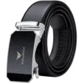 WilliamPOLO Men's Black Leather Belt Automatic Buckle Blue Starry Business Casual Belt - 105cm / Silver (Counter Gift Box)