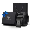 WilliamPOLO Men Leather Belt Gift Box Set Automatic Buckle Business Cowhide Waistband - Black with Gift Box / 105cm