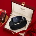 Cintura da uomo in vera pelle WilliamPOLO con fibbia automatica in lussuosa confezione regalo. - 105cm / Canna di Fucile (Set Scatola di Legno Rossa)
