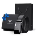 Cintura da uomo in pelle nera WilliamPOLO con fibbia automatica in elegante cofanetto. - Gunmetal (Scatola Regalo) / 105cm