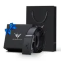 Men's automatic buckle genuine leather belt gift set with luxury box and bag for daily business. - Exclusive Gift Box / 105cm / Black