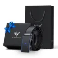 Luxury men's leather automatic buckle belt with elegant gift box and matching paper bag. - Exclusive Gift Box / 105cm / Blue