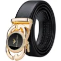 Elegante cintura in vera pelle da uomo con fibbia automatica dorata e cinturino nero. - 105cm / Fibbia Oro Etichetta Oro (Con Scatola Regalo)