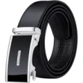 Cintura da uomo in pelle nera stile business casual con fibbia automatica in metallo. - Fibbia Automatica Argentata / 105cm