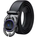 Cintura Uomo Vera Pelle Fibbia Automatica Business Affari Casual Pelle Bovina - 105cm / Fibbia Pistola Etichetta Blu (Con Scatola Regalo)