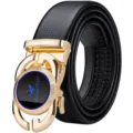Cintura in vera pelle da uomo con elegante fibbia automatica in metallo per stile. - 105cm / Fibbia Oro Etichetta Blu (Con Scatola Regalo)