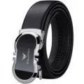 WilliamPOLO Men's Genuine Leather Belt Automatic Buckle Black Cowhide Business Casual Belt - Silver Outer Wear (Without Gift Box)