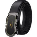 WilliamPOLO Men Black Leather Belt Automatic Buckle Cowhide Business Casual Waistband - Style A Gold (Without Gift Box)