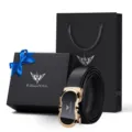 WilliamPOLO luxury mens genuine leather automatic buckle dress belt gift box set black - Gold Outer Wear (Counter Gift Box)