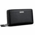 Portefeuille long en cuir véritable pour hommes double fermeture éclair grande pochette noire - Noir Grand