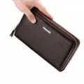 Portefeuille long homme en cuir véritable grande capacité pochette business marron taille 22cm - Taille large café