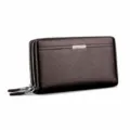 Portefeuille long en cuir véritable marron pour homme double fermeture éclair pochette. - Taille petite café