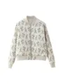Women's floral printed zip-up bomber cotton jacket autumn casual daily outerwear detail. - S / White