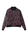 Women autumn floral print padded jacket bomber coat, long sleeve zip up casual outerwear. - S / Navy Blue
