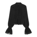 Elegante zwarte blouse met lange mouwen en kanten afwerking en opstaande kraag. - XS / Zwart
