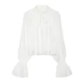 Witte kanten blouse met lange mouwen detail en elegante opstaande kraag met strik. - XS / Wit