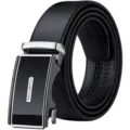 Cintura uomo pelle nera fibbia automatica cintura affari casual lega metallica resistente - 105cm / Scatola Regalo in Pelle Bovina / Argento