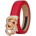 Women's red genuine leather belt with gold heart rhinestone automatic buckle fashion accessory - 105cm / Gold Buckle Red Strap