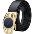 Cintura in pelle nera da uomo con fibbia automatica dorata ed emblema aquila. - 105cm / Fibbia Dorata Logo Blu