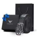 WilliamPOLO Cintura Uomo in Vera Pelle con Fibbia Automatica Set Regalo Elegante Moda - 105cm / Fibbia Gunmetal Cinturino Nero
