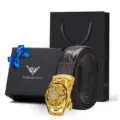 Elegante cintura in pelle marrone da uomo con fibbia automatica dorata e set confezione regalo. - 105cm / Fibbia Dorata Cinturino Caffè (Confezione Regalo)