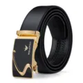 Cintura da uomo in pelle di alta qualità con fibbia automatica dorata e cinturino nero. - 105cm / Cuoio Spaccato Dorato (Senza Confezione Regalo)
