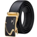 Cintura Uomo Pelle Nera Fibbia Automatica Dorata Affari Tempo Libero Moda Cintura - 105cm / Pelle Fiore Dorata (Senza Confezione Regalo)