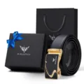 WilliamPOLO Set Regalo Cintura Uomo in Vera Pelle Fibbia Automatica Business Casual - Pelle Fiore Dorata (Con Confezione Regalo)