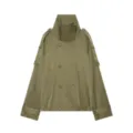 Detailed view of the women's olive green stand collar double-breasted short trench coat. - XS / Green