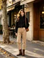 Minimalist women's black knit cardigan sweater with military buttons, European autumn street style. - M / Black