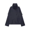 Detail view of the stylish navy blue short trench coat featuring a high collar and buttons. - XS / Navy Blue