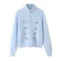 Hellblaue Strickjacke mit Reißverschluss, Zierknöpfen und hohem Kragen für Damen im Herbst. - M / Hellblau