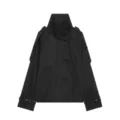 Close-up detail of black short trench coat with high funnel neck and double-breasted design. - Black