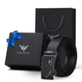 Set cintura da uomo in pelle nera con fibbia automatica, elegante scatola e borsa regalo. - Cuoio Spaccato Gunmetal (Con Confezione Regalo)