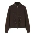 Modische braune Strickjacke mit Reißverschluss, hohem Kragen und stilvollen Knöpfen. - M / Kaffeebraun